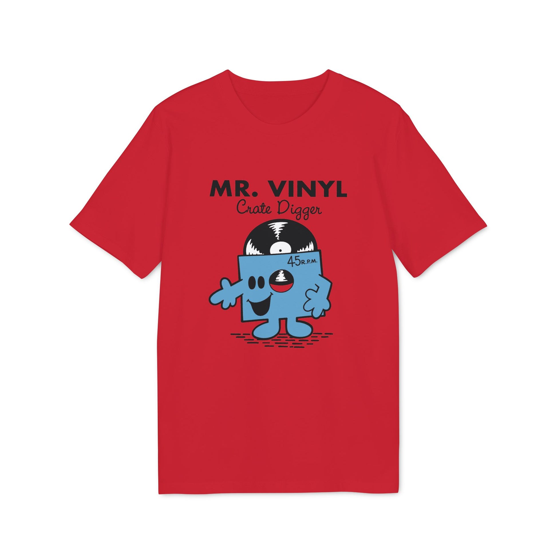 Red t-shirt with cartoon vinyl record and text "MR. VINYL Crate Digger 45 R.P.M."