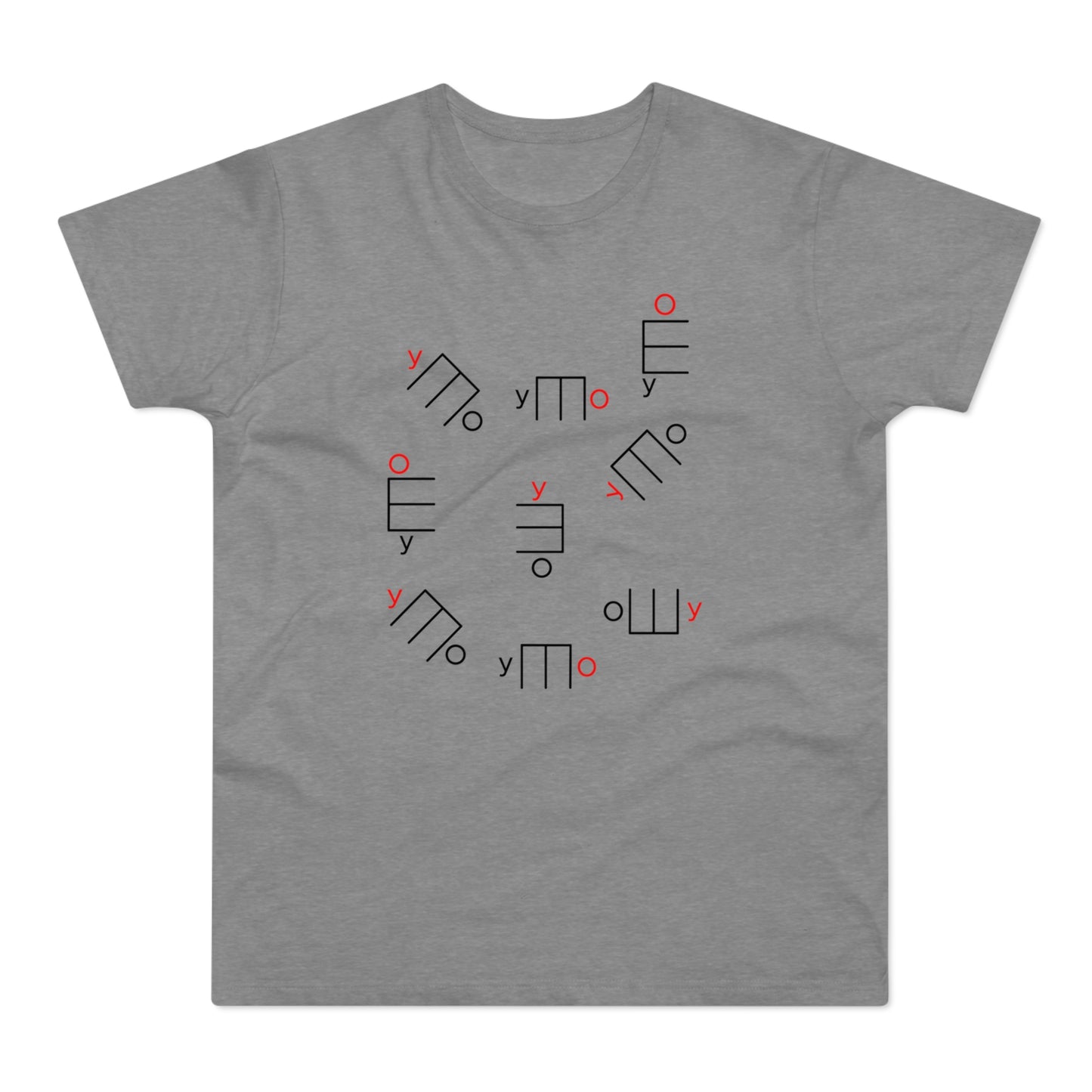 Gray t-shirt with scattered black and red abstract geometric designs.