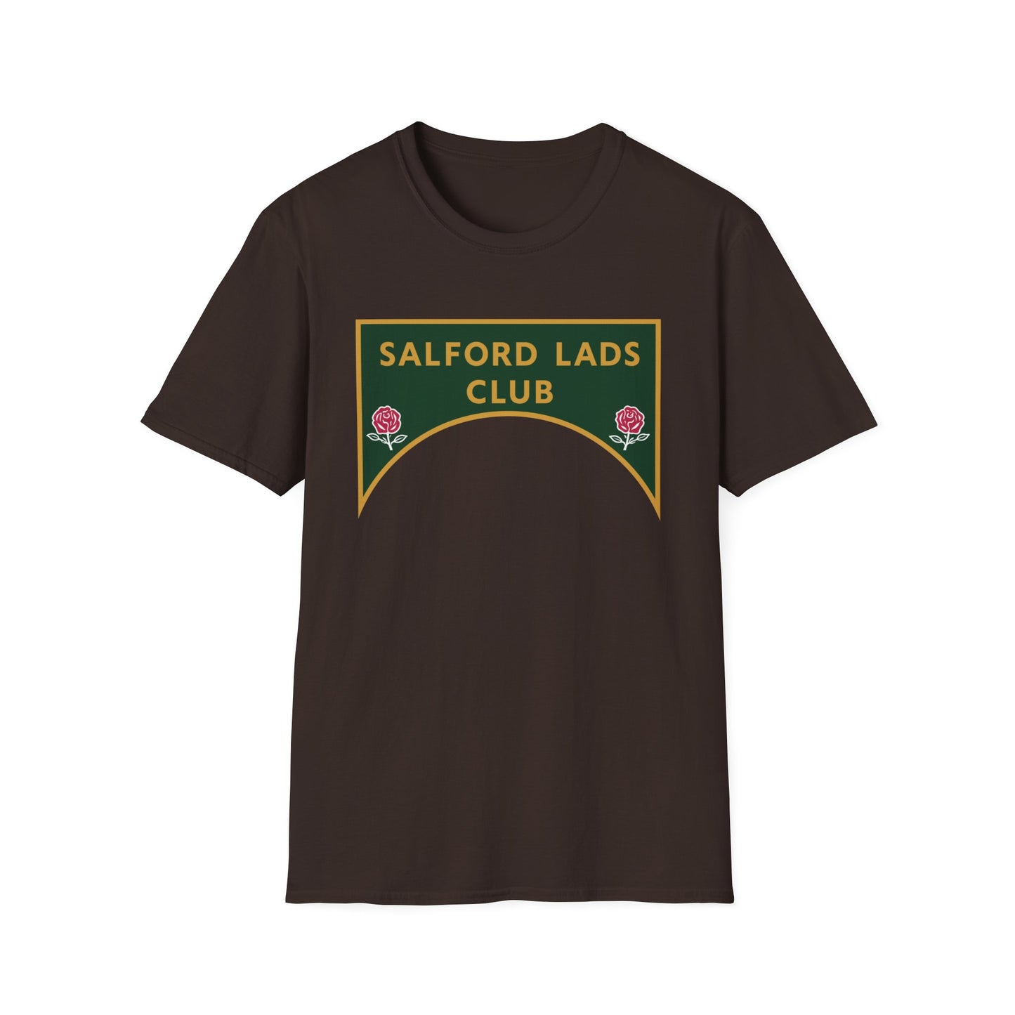 Brown t-shirt with a green and gold "Salford Lads Club" sign with roses.