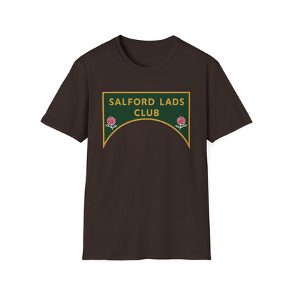 Brown t-shirt with a green and gold "Salford Lads Club" sign with roses.
