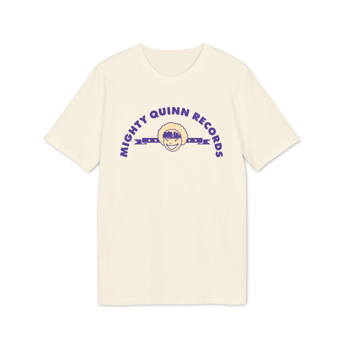 Cream t-shirt with purple "MIGHTY QUINN RECORDS" text and a cartoon face.