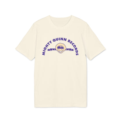Cream t-shirt with purple "MIGHTY QUINN RECORDS" text and a cartoon face.