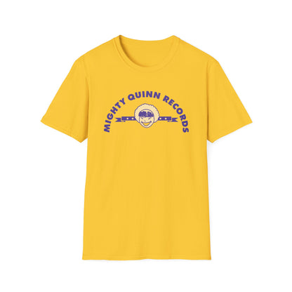 Yellow t-shirt with "Mighty Quinn Records" text and a smiling character logo.