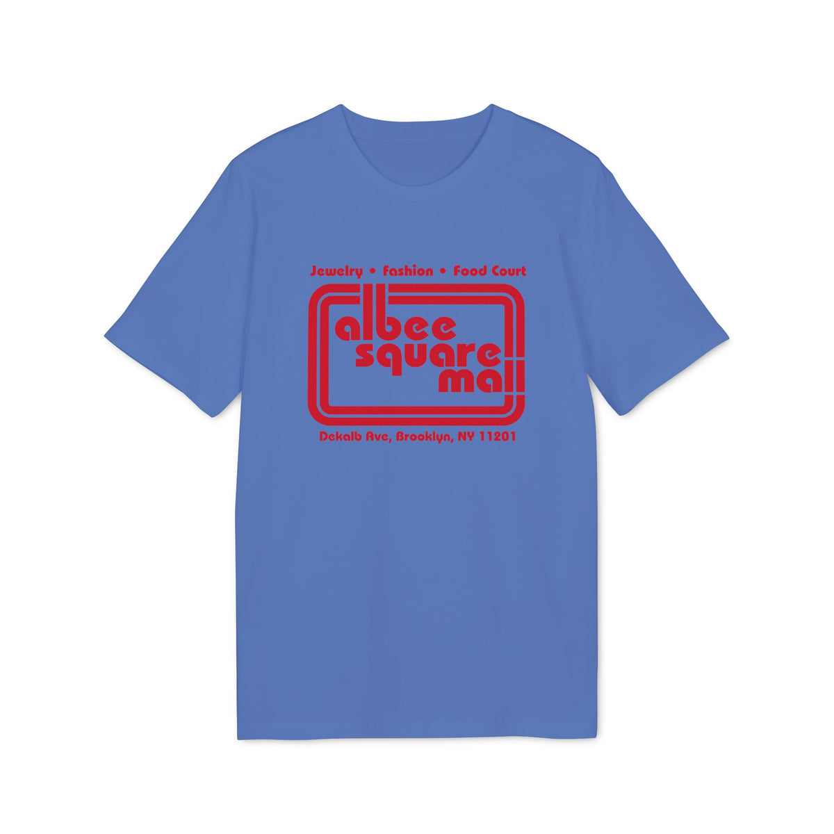 Blue t-shirt with red "Albee Square Mall" logo and location details.