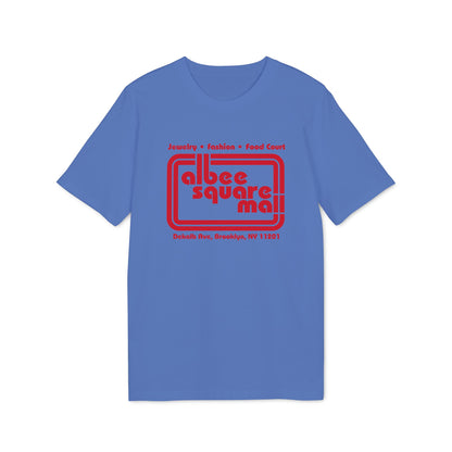Blue t-shirt with red "Albee Square Mall" logo and location details.