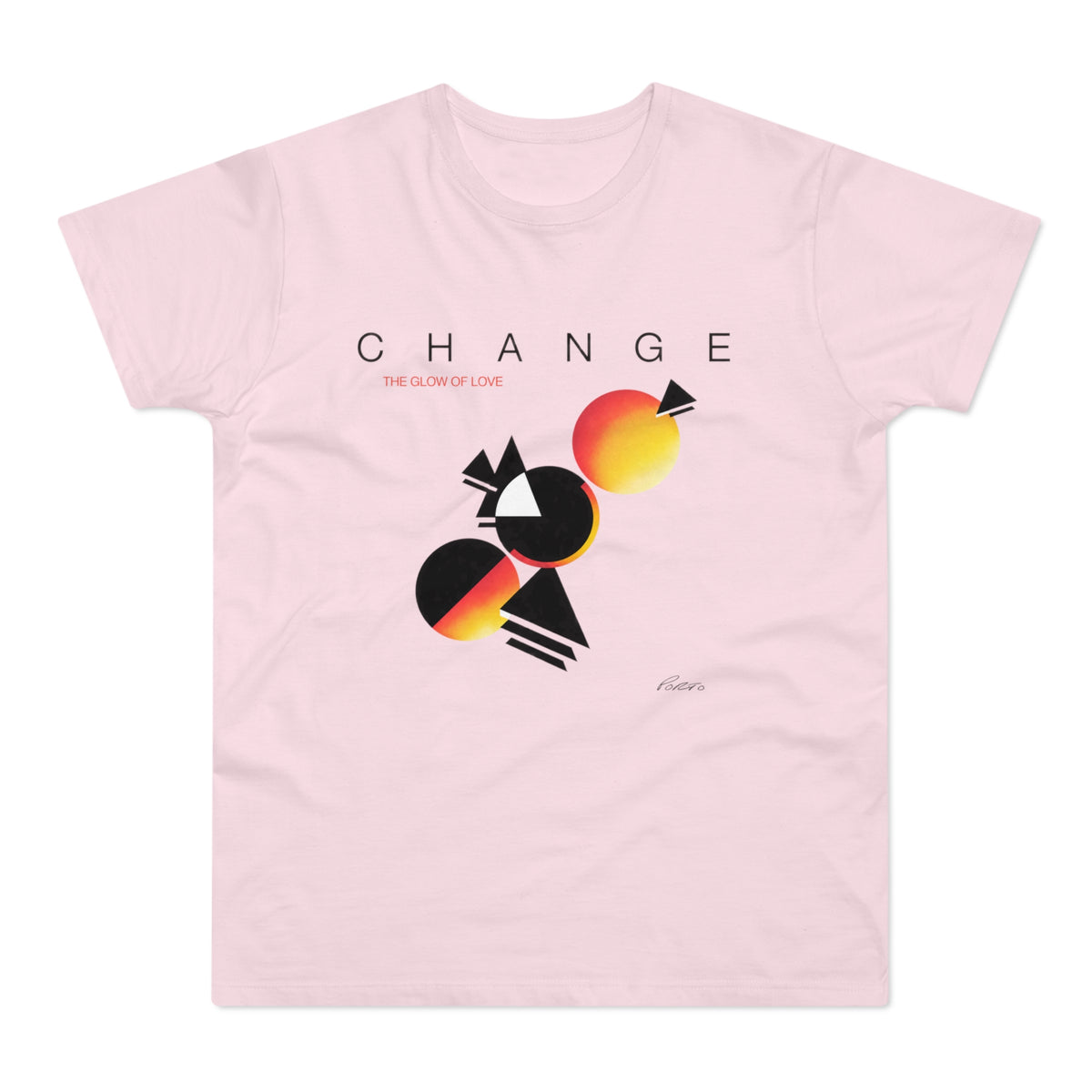 Pink t-shirt with the word CHANGE and abstract circles and triangles graphic.
