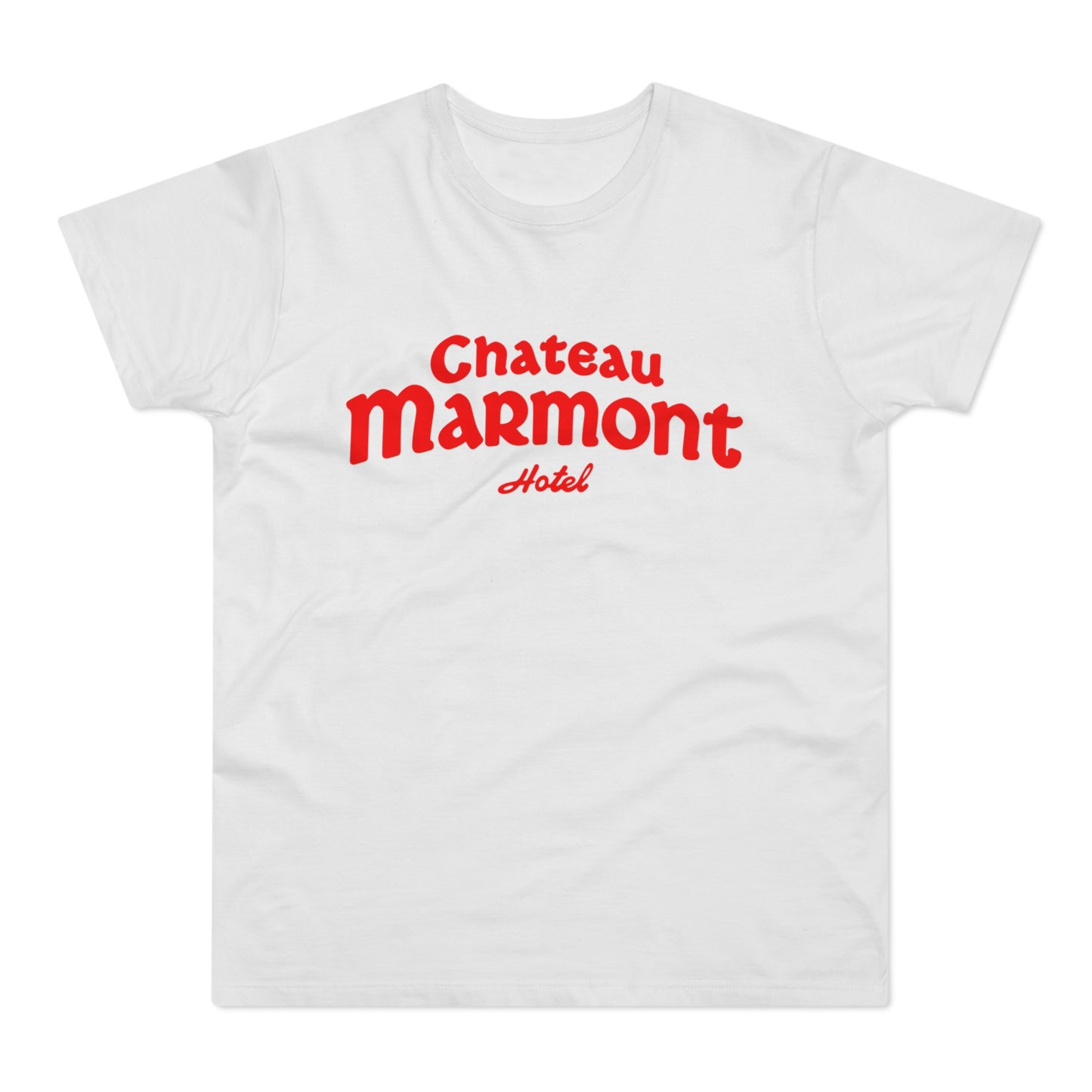 White t-shirt with red Chateau Marmont Hotel logo.