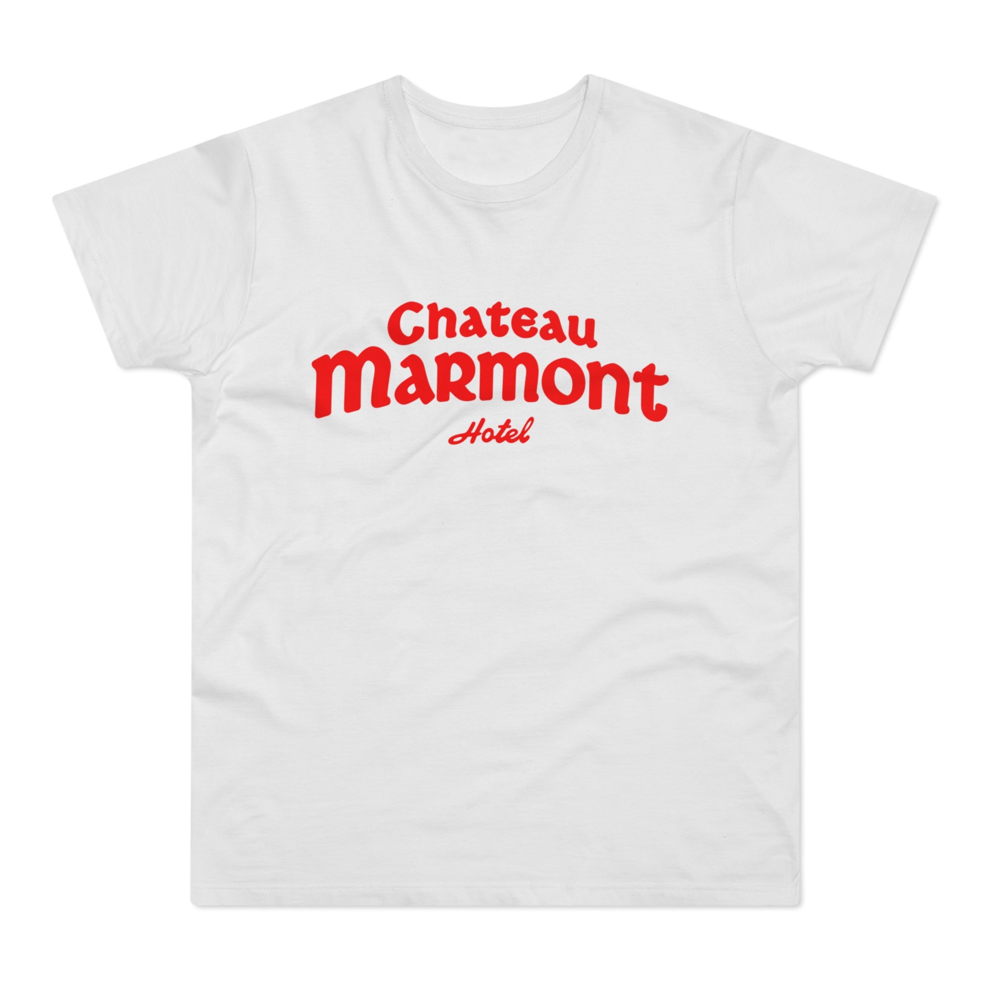 White t-shirt with red Chateau Marmont Hotel logo.
