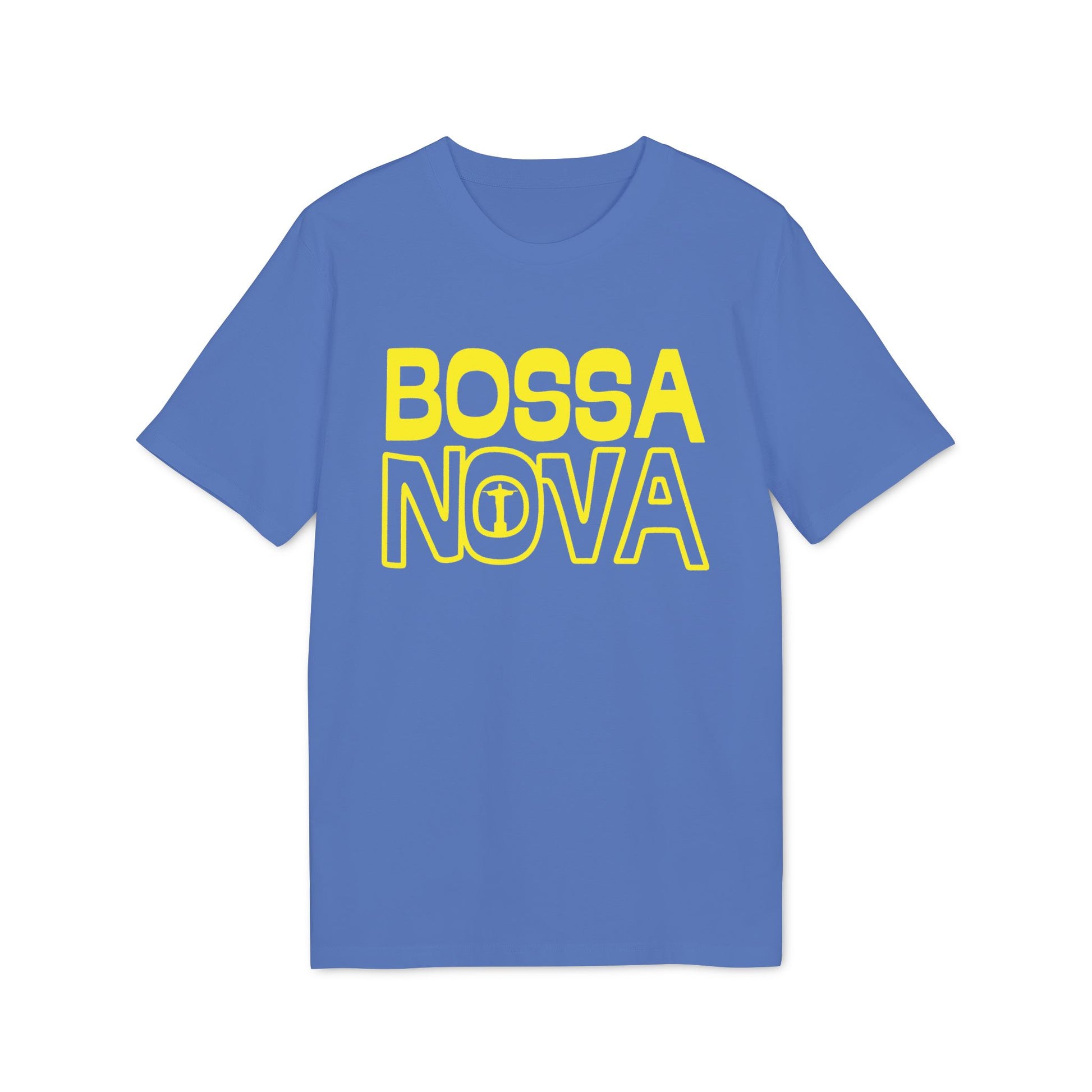 Blue t-shirt with yellow "BOSSA NOVA" text and Christ the Redeemer outline.