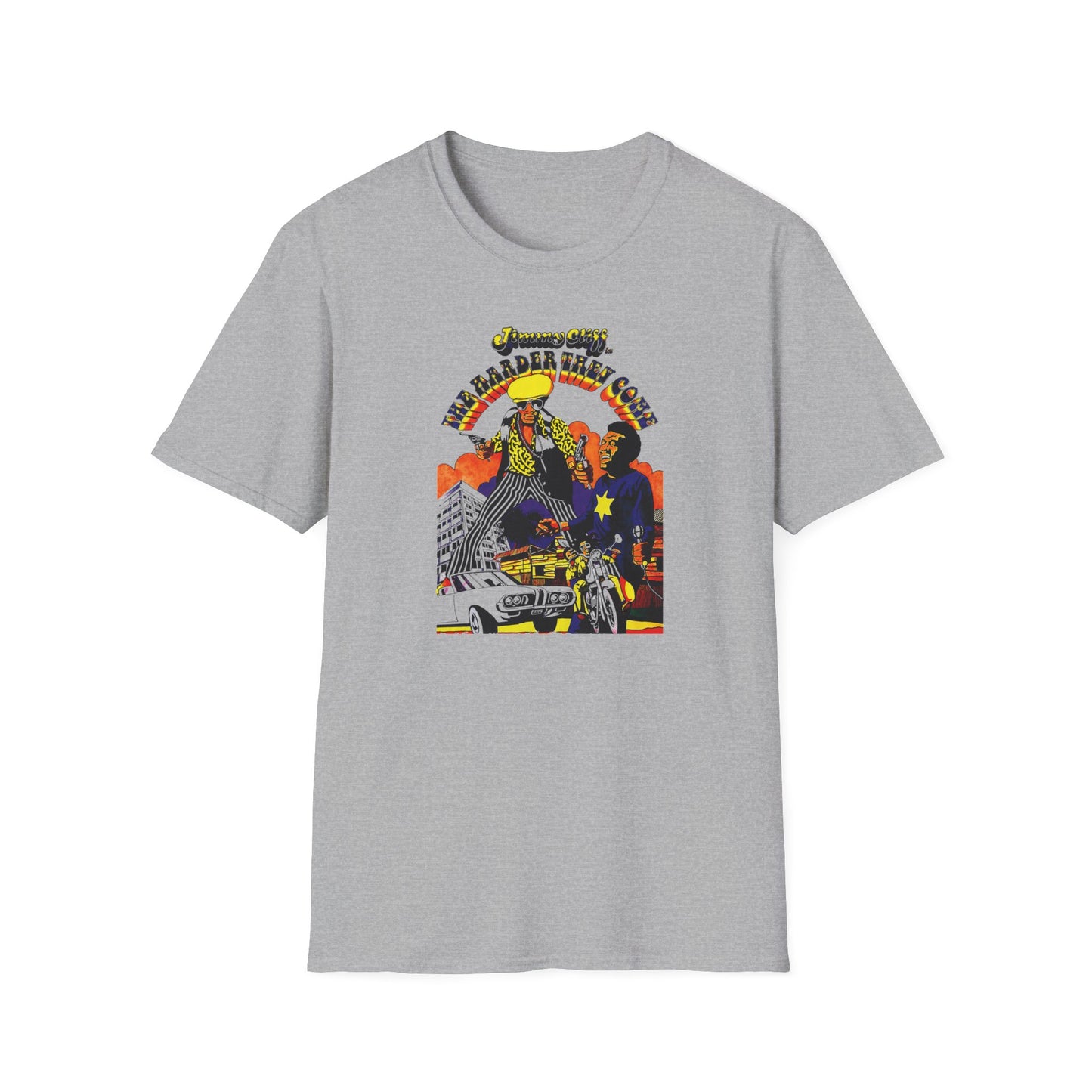 Jimmy Cliff "The Harder They Come" graphic with figures, car, and motorcycle.