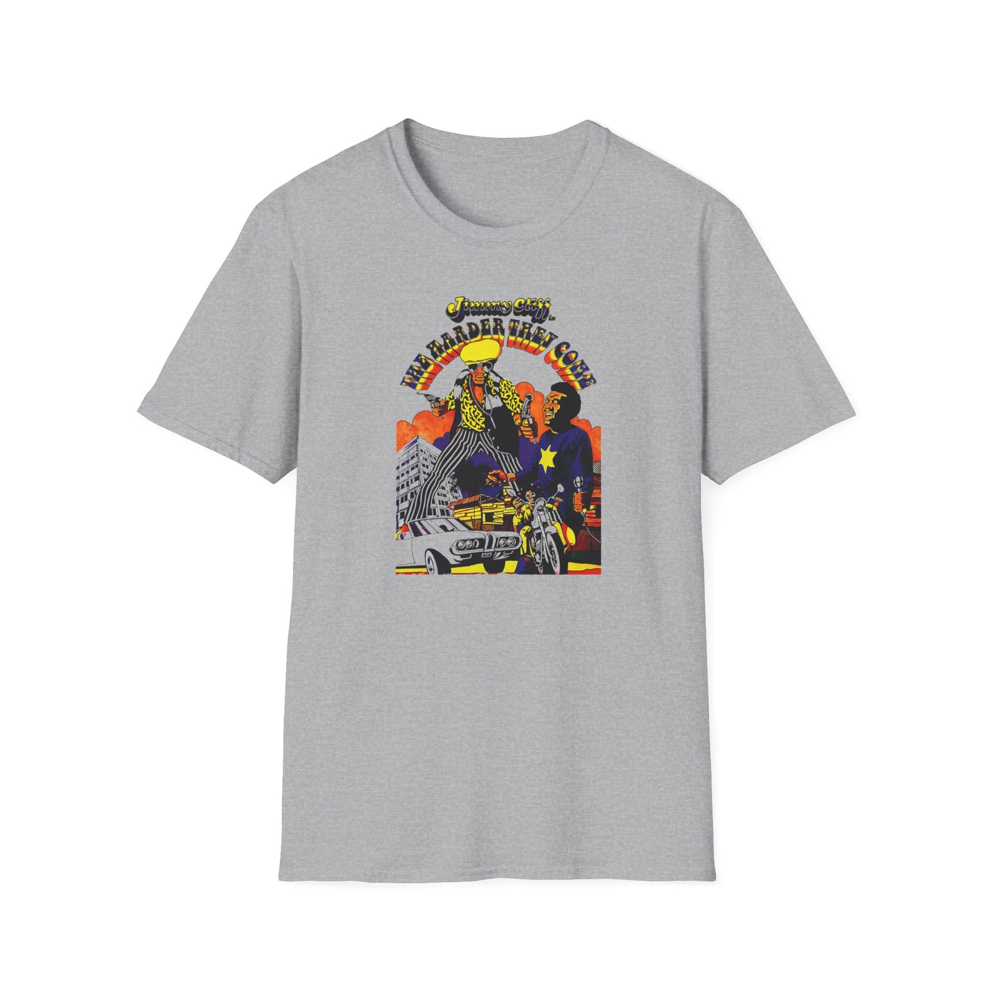 Jimmy Cliff "The Harder They Come" graphic with figures, car, and motorcycle.