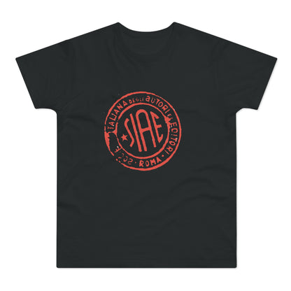 Black t-shirt with red SIAE logo, "Italiana degli Autori Editori Roma 2002".