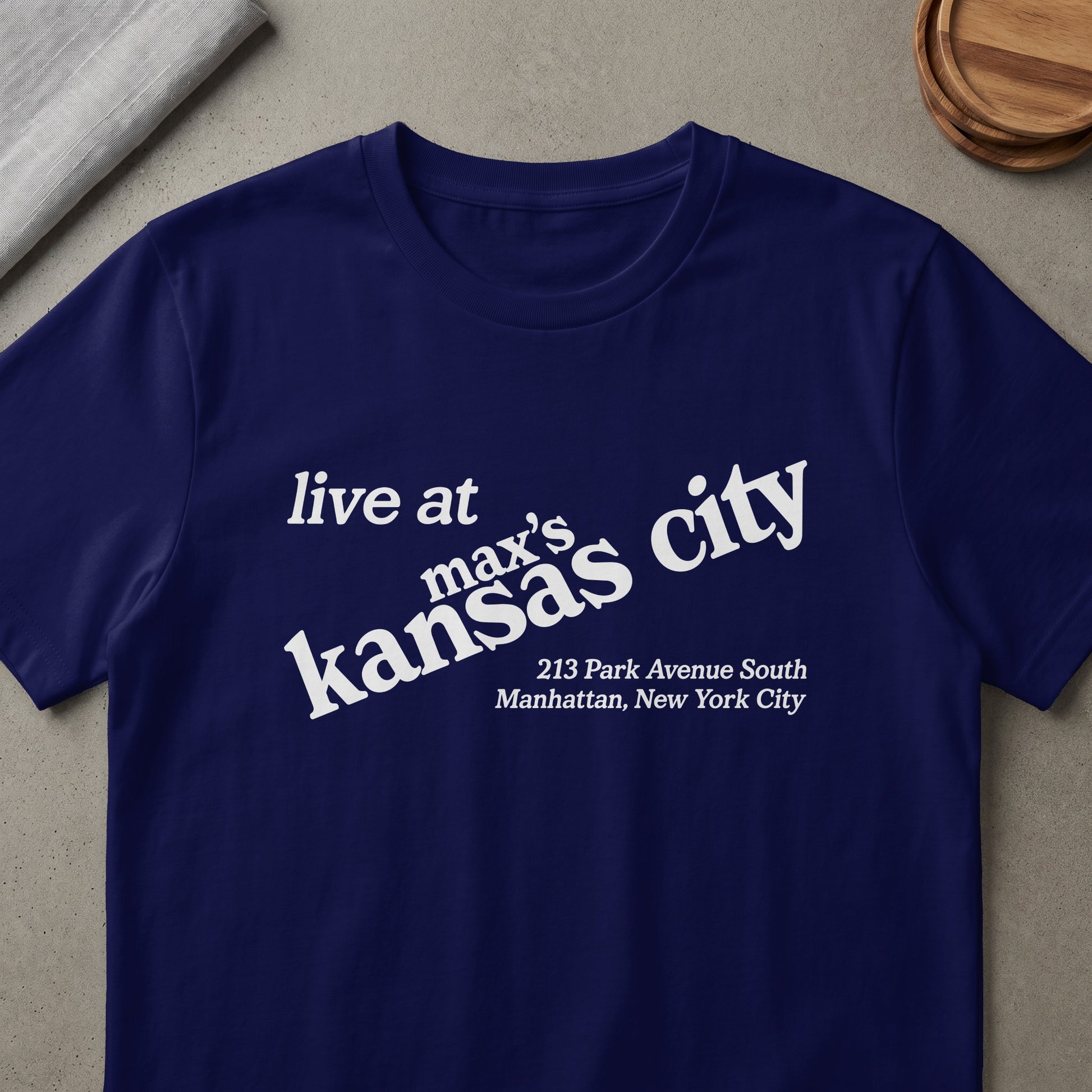 Navy t-shirt with white text "live at max's kansas city 213 Park Avenue South Manhattan, New York City".