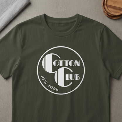 Cotton Club New York logo on a dark green t-shirt.