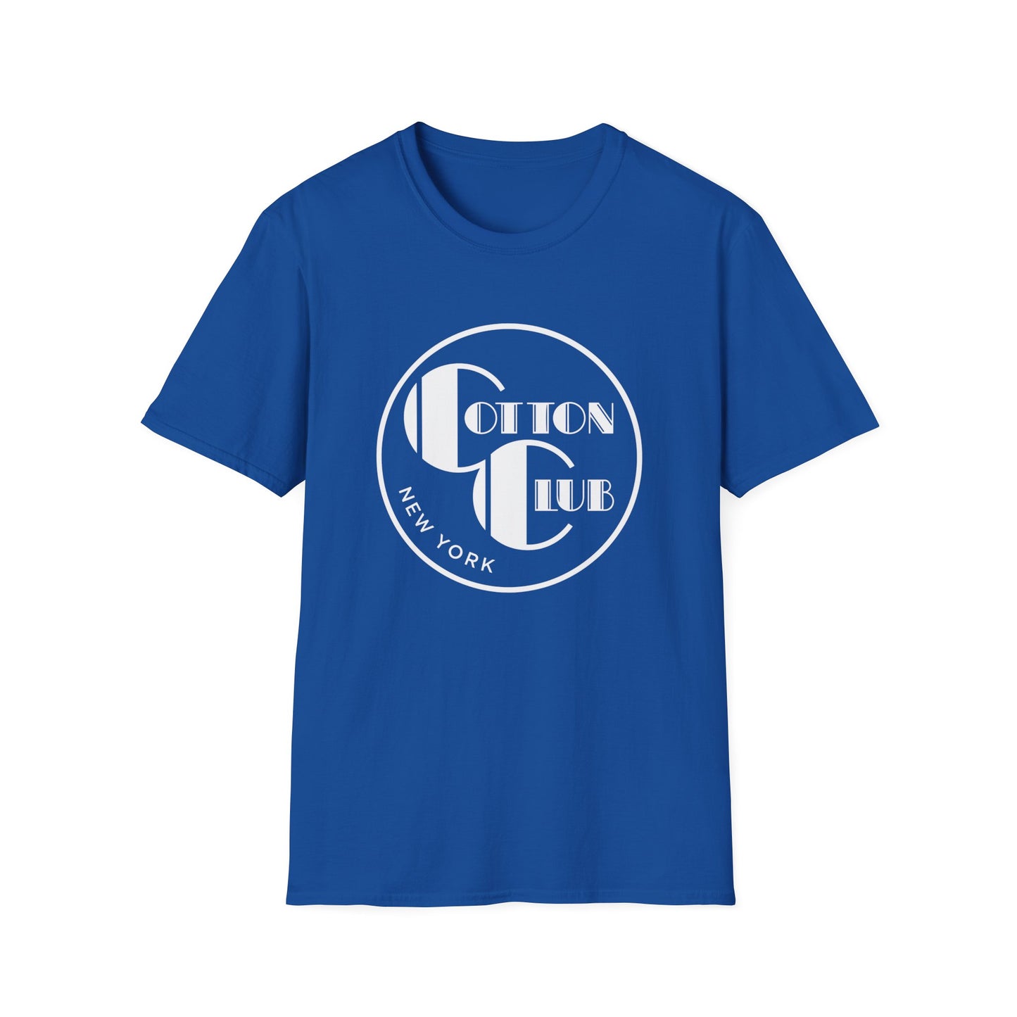 Blue t-shirt with white circle logo featuring "Cotton Club New York".