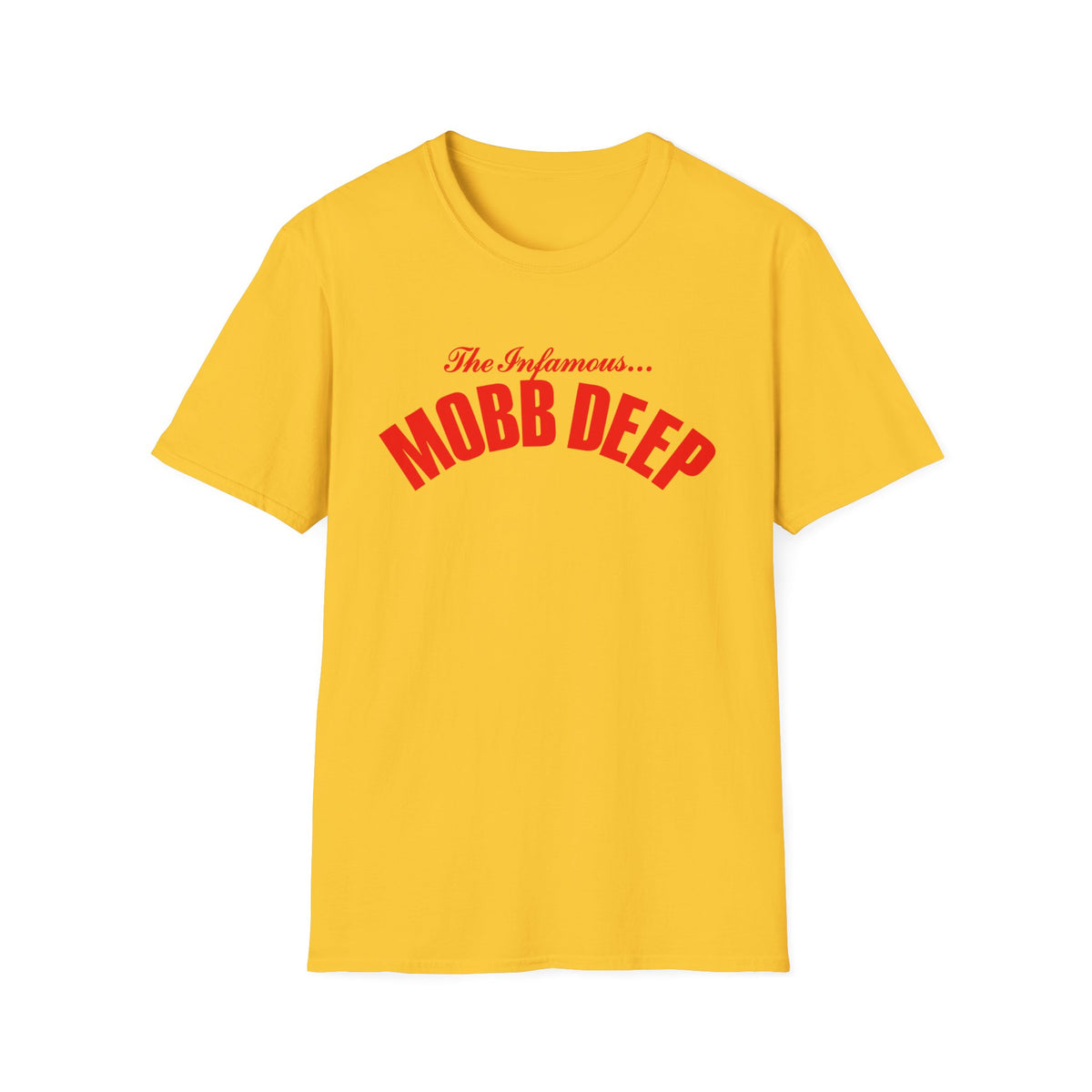 Yellow t-shirt with red "The Infamous... MOBB DEEP" text on the front.