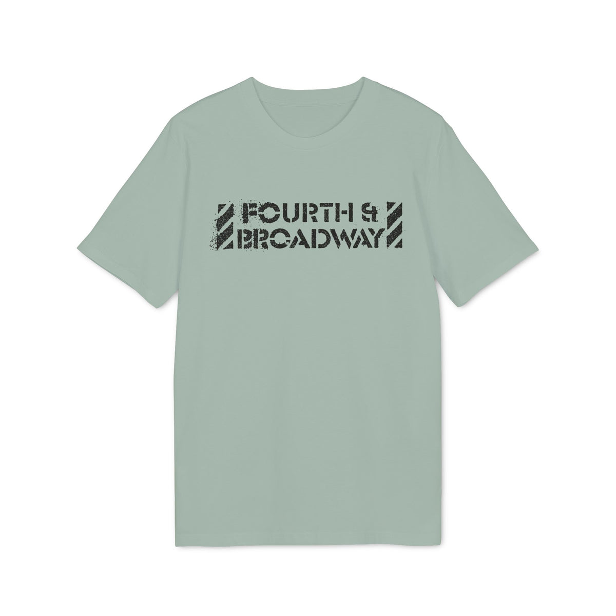 Light green t-shirt with distressed black "FOURTH & BROADWAY" graphic.