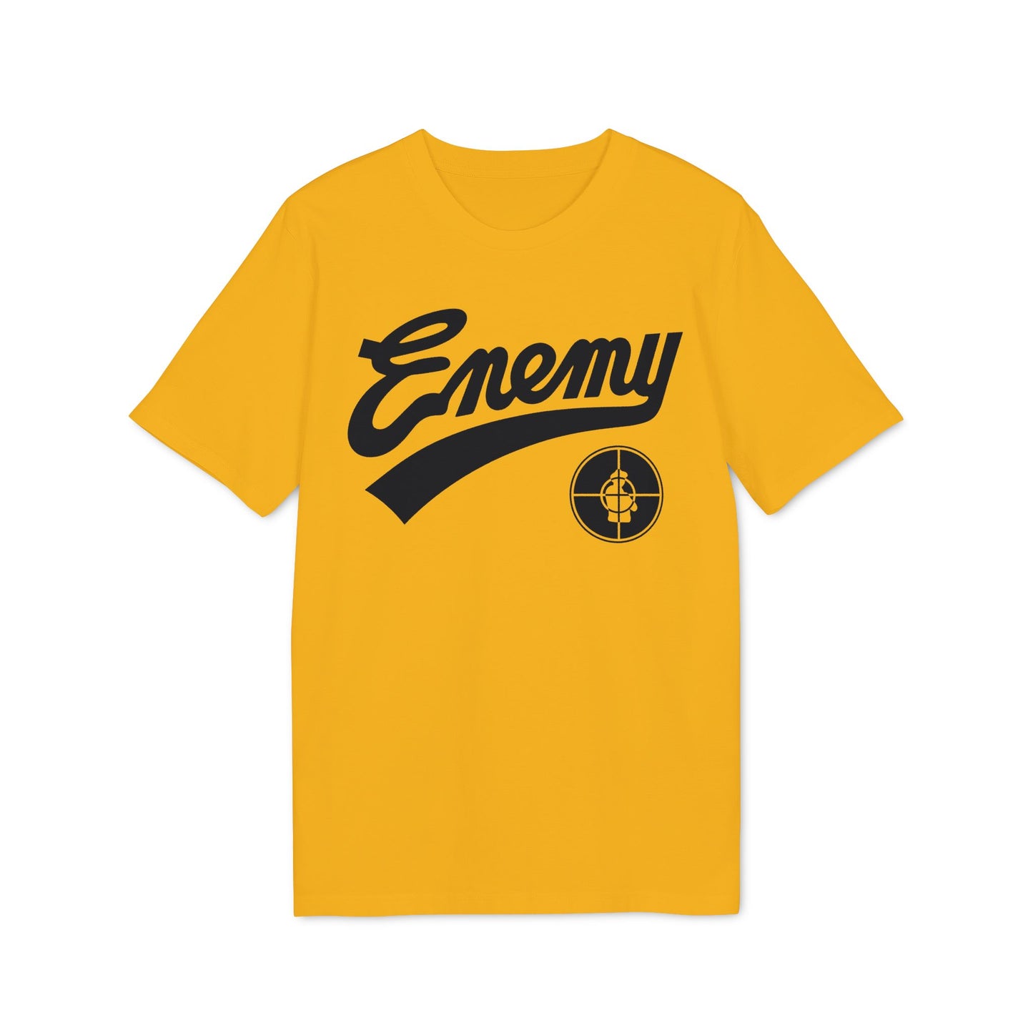 Yellow t-shirt with black "Enemy" text and a target symbol.