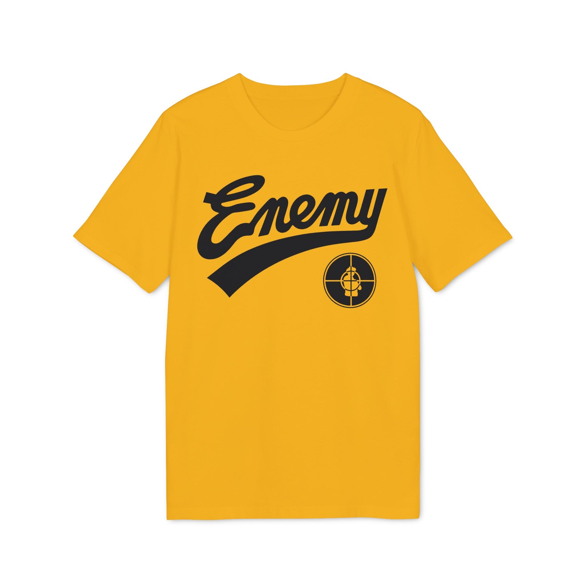 Yellow t-shirt with black "Enemy" text and a target symbol.