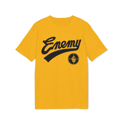 Yellow t-shirt with black "Enemy" text and a target symbol.