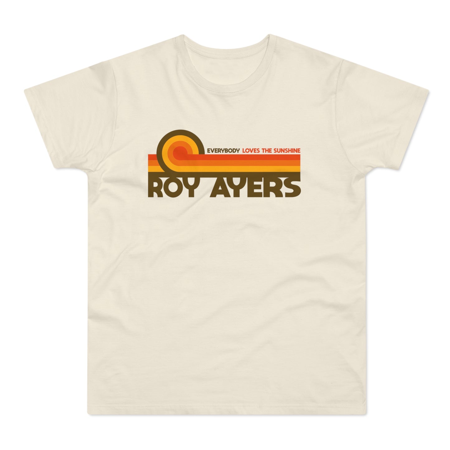 Cream t-shirt with "ROY AYERS" and "EVERYBODY LOVES THE SUNSHINE" text.