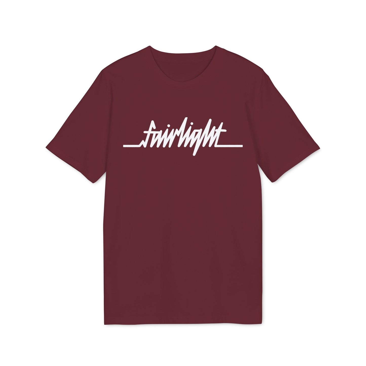 Maroon t-shirt with white "fairlight" text and a horizontal line graphic.