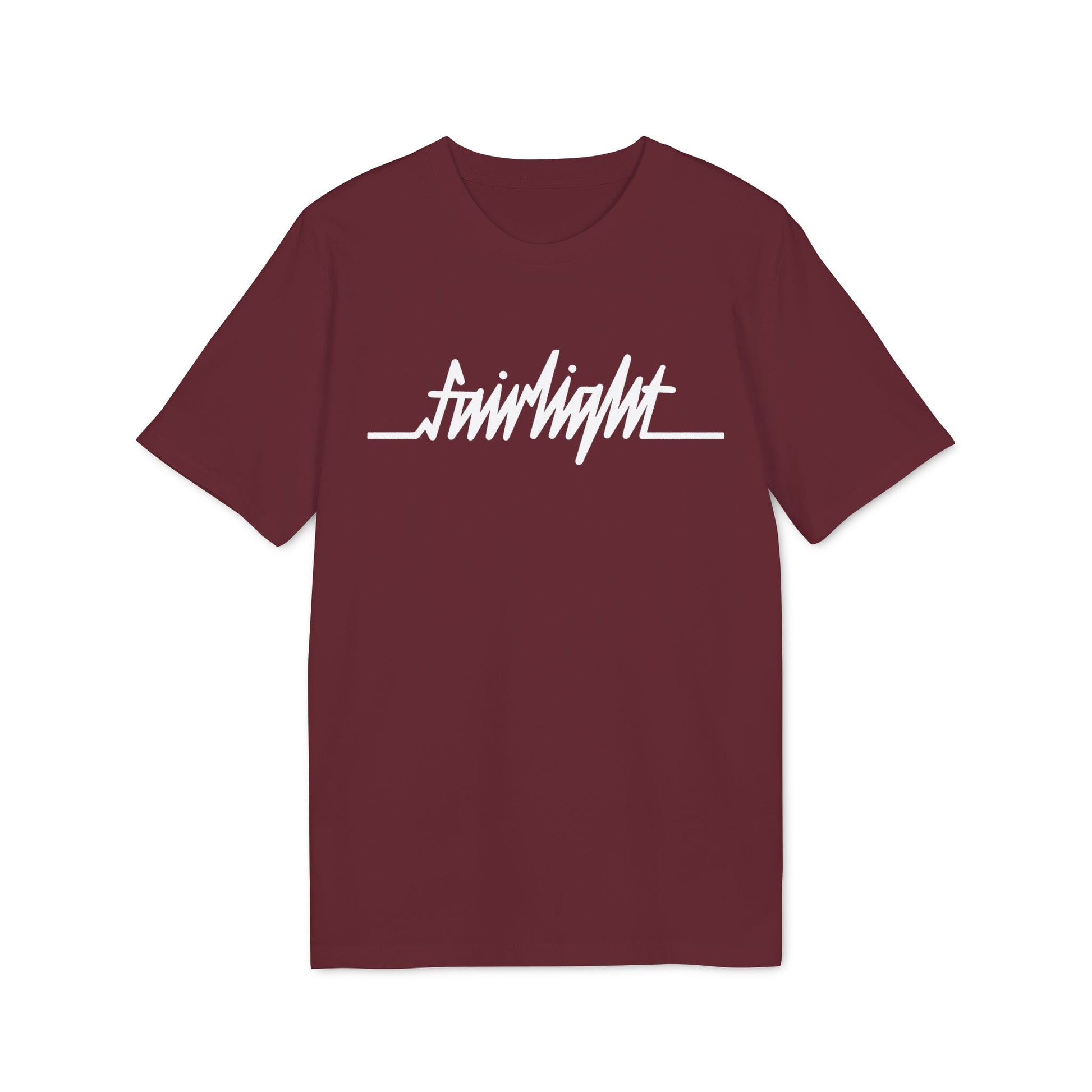 Maroon t-shirt with white "fairlight" text and a horizontal line graphic.