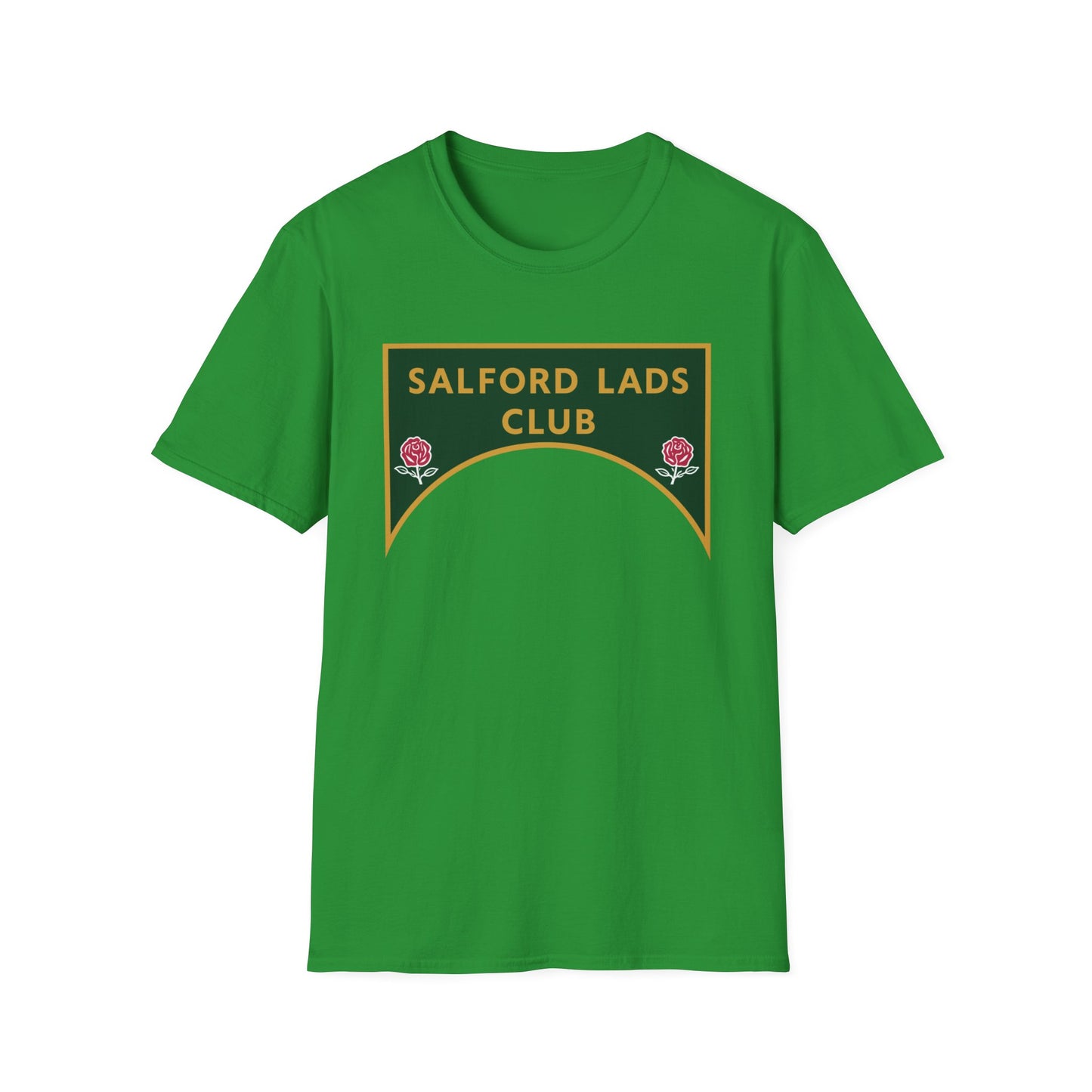 Green t-shirt with "SALFORD LADS CLUB" and rose graphics on front.