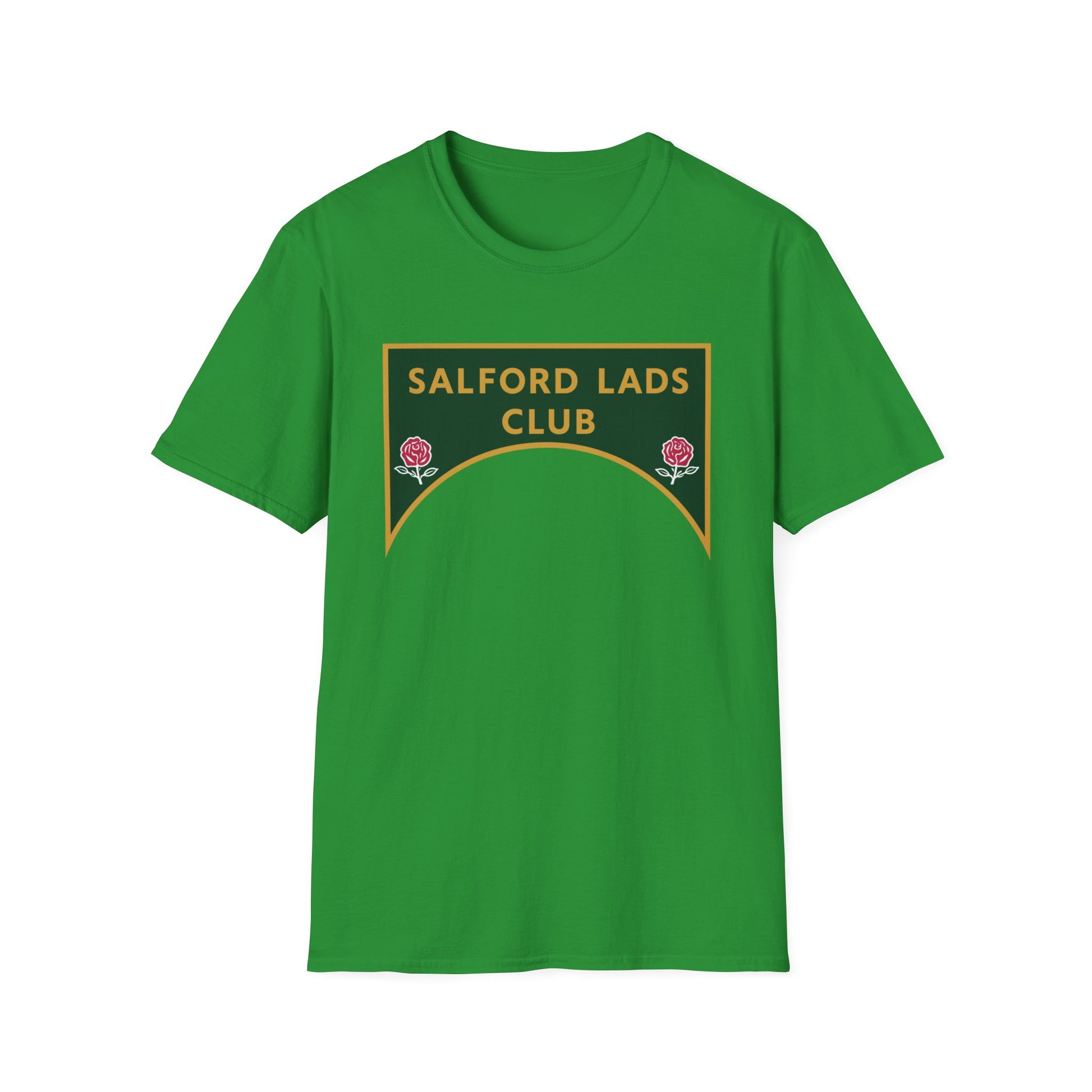 Green t-shirt with "SALFORD LADS CLUB" and rose graphics on front.