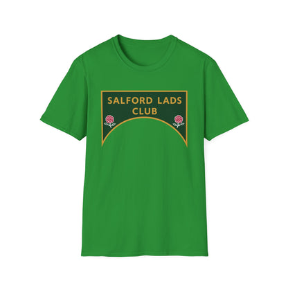 Green t-shirt with "SALFORD LADS CLUB" and rose graphics on front.
