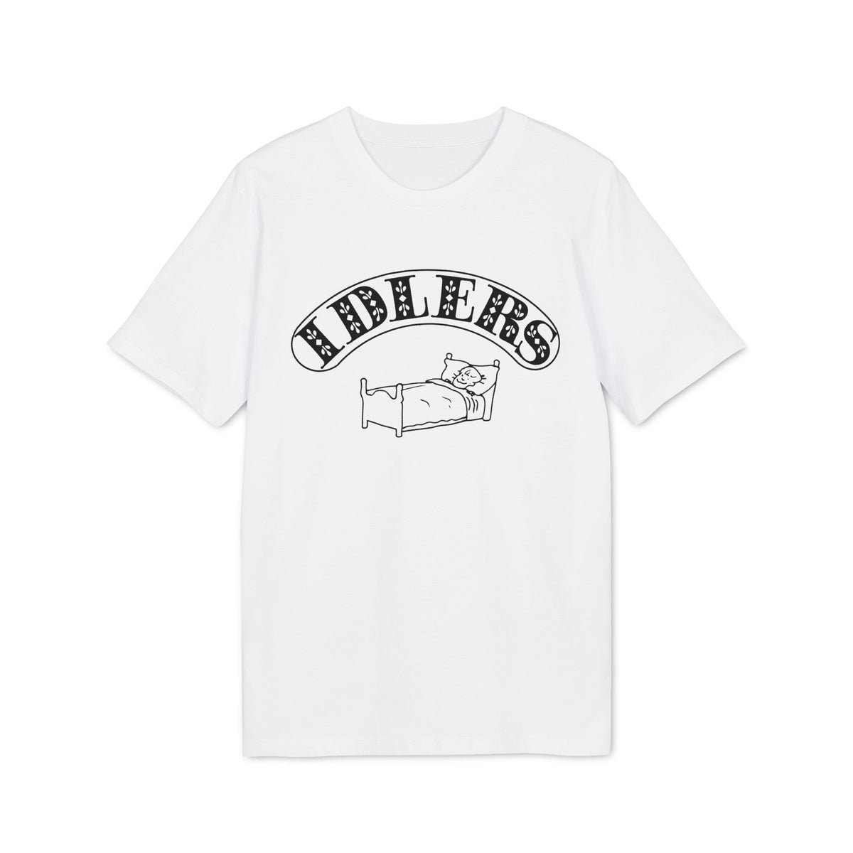 White t-shirt with black graphic of "FIDLERS" text and a person sleeping in a bed.