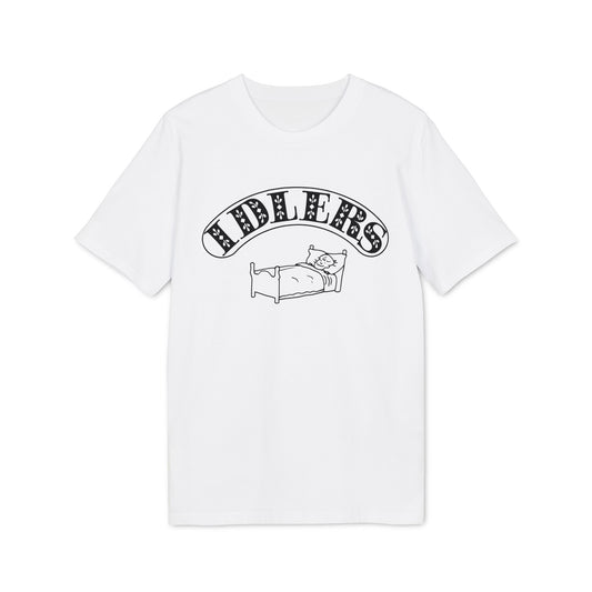 White t-shirt with black graphic of "FIDLERS" text and a person sleeping in a bed.