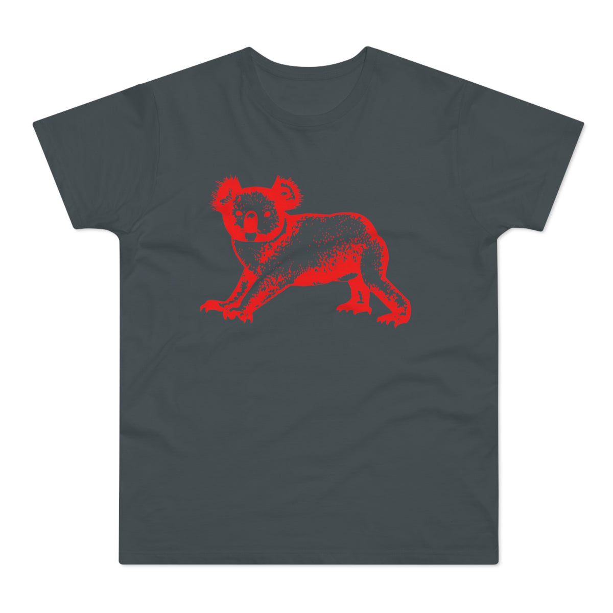 Red distressed koala graphic on a charcoal gray t-shirt.