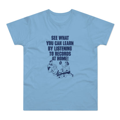 Light blue t-shirt with dark blue text and graphic of a couple listening to records.