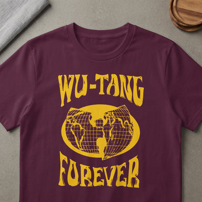 Maroon t-shirt with yellow Wu-Tang Forever graphic and globe design.