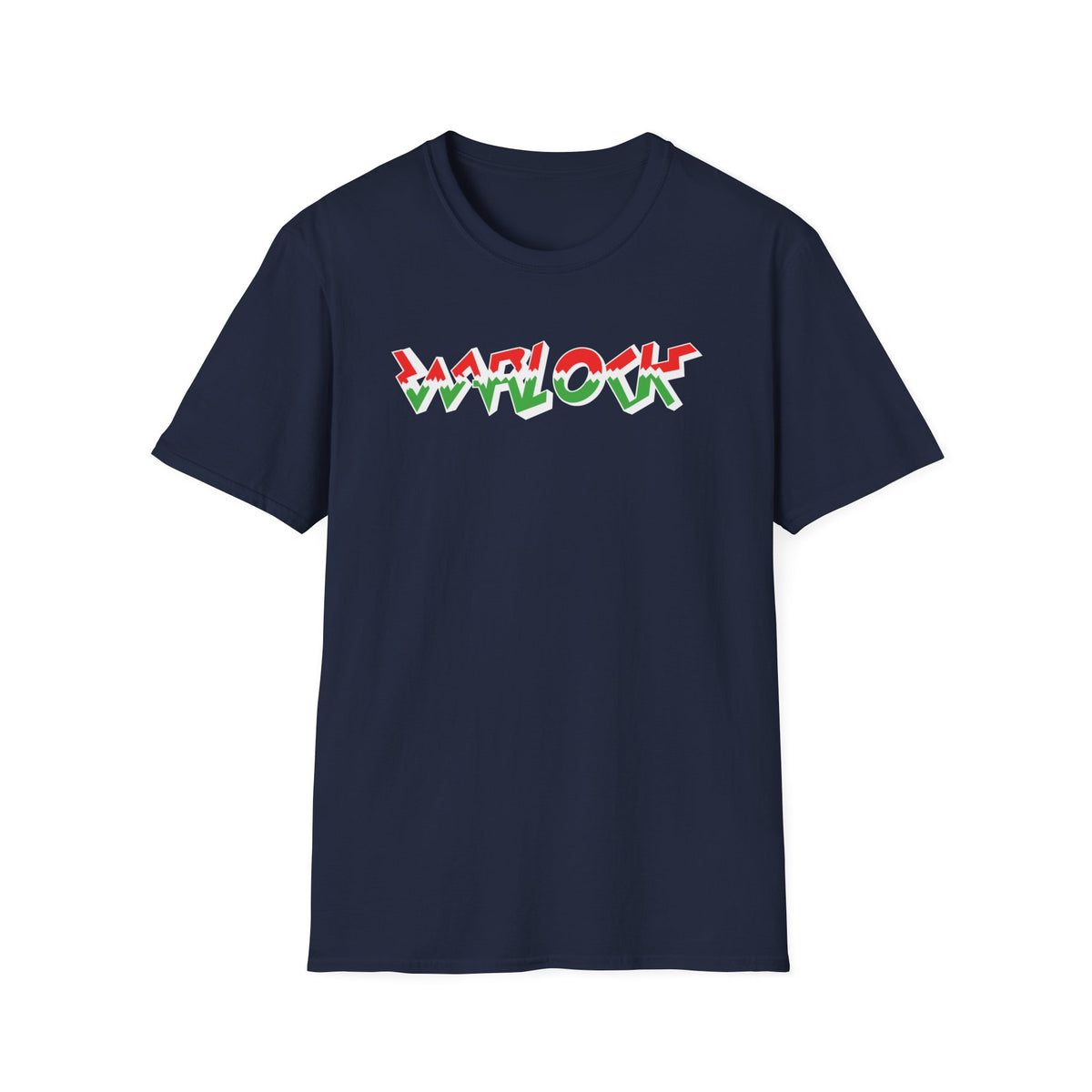 Navy t-shirt with red, white, and green "WARLOCK" text graphic.