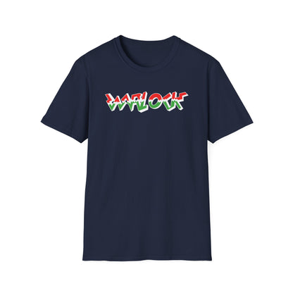 Navy t-shirt with red, white, and green "WARLOCK" text graphic.