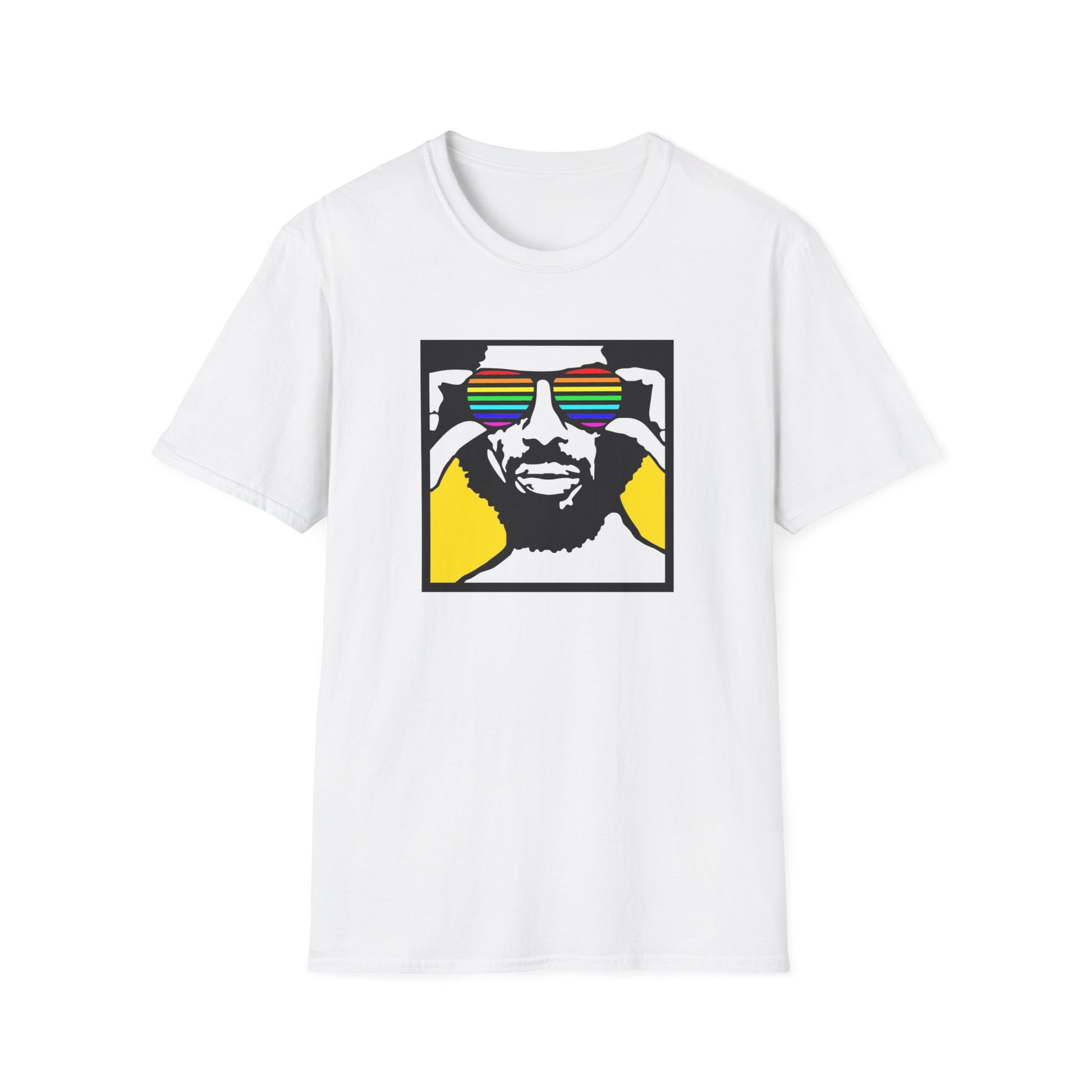 White t-shirt featuring a graphic of a man wearing rainbow sunglasses.