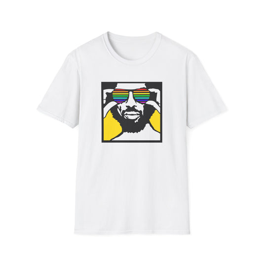 White t-shirt featuring a graphic of a man wearing rainbow sunglasses.