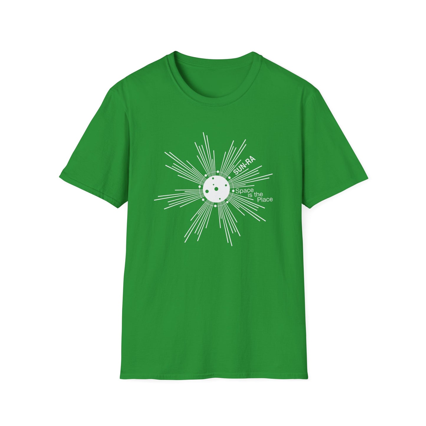 Green t-shirt with white sun graphic and "SUN-RA Space is the Place" text.