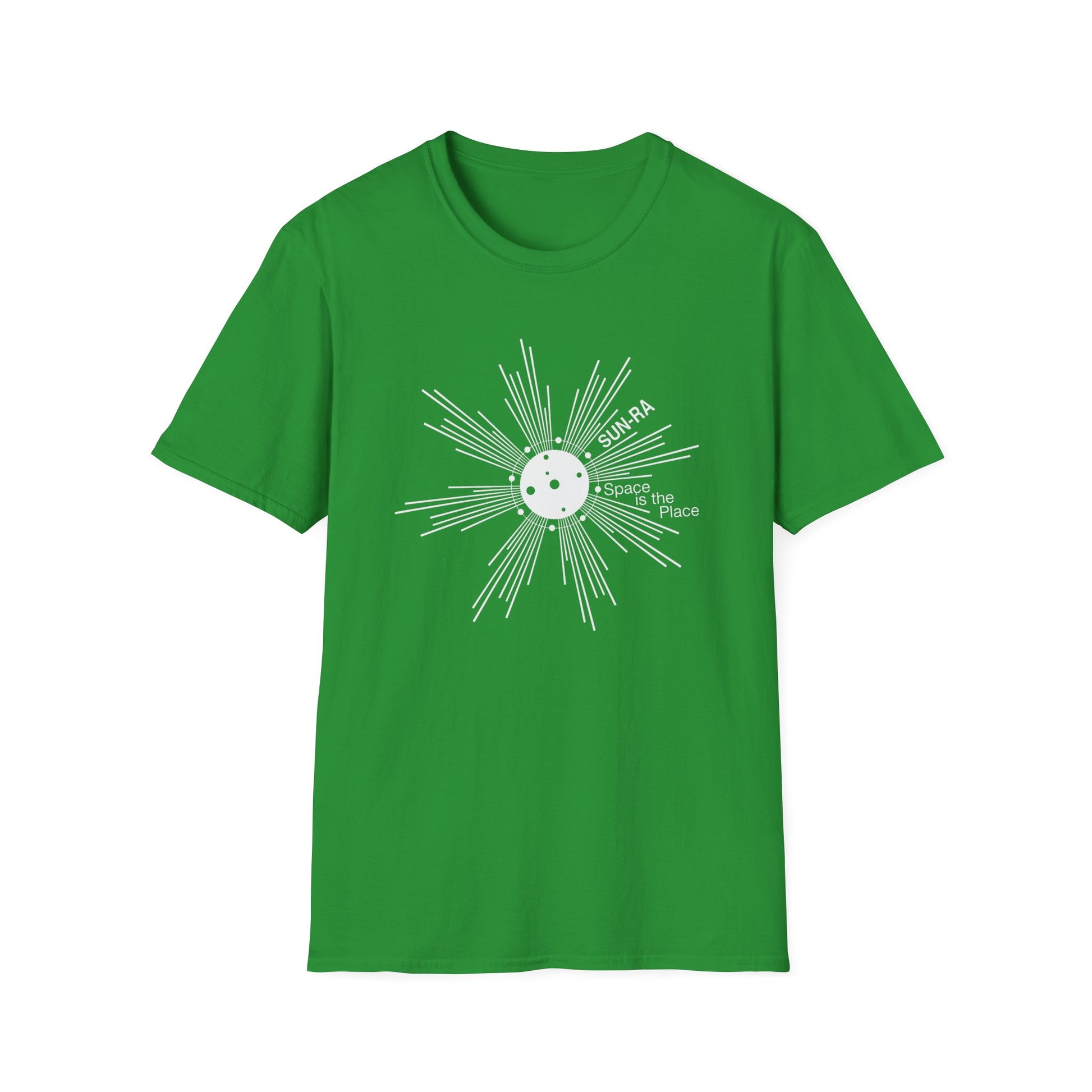 Green t-shirt with white sun graphic and "SUN-RA Space is the Place" text.