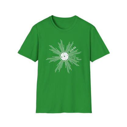 Green t-shirt with white sun graphic and "SUN-RA Space is the Place" text.