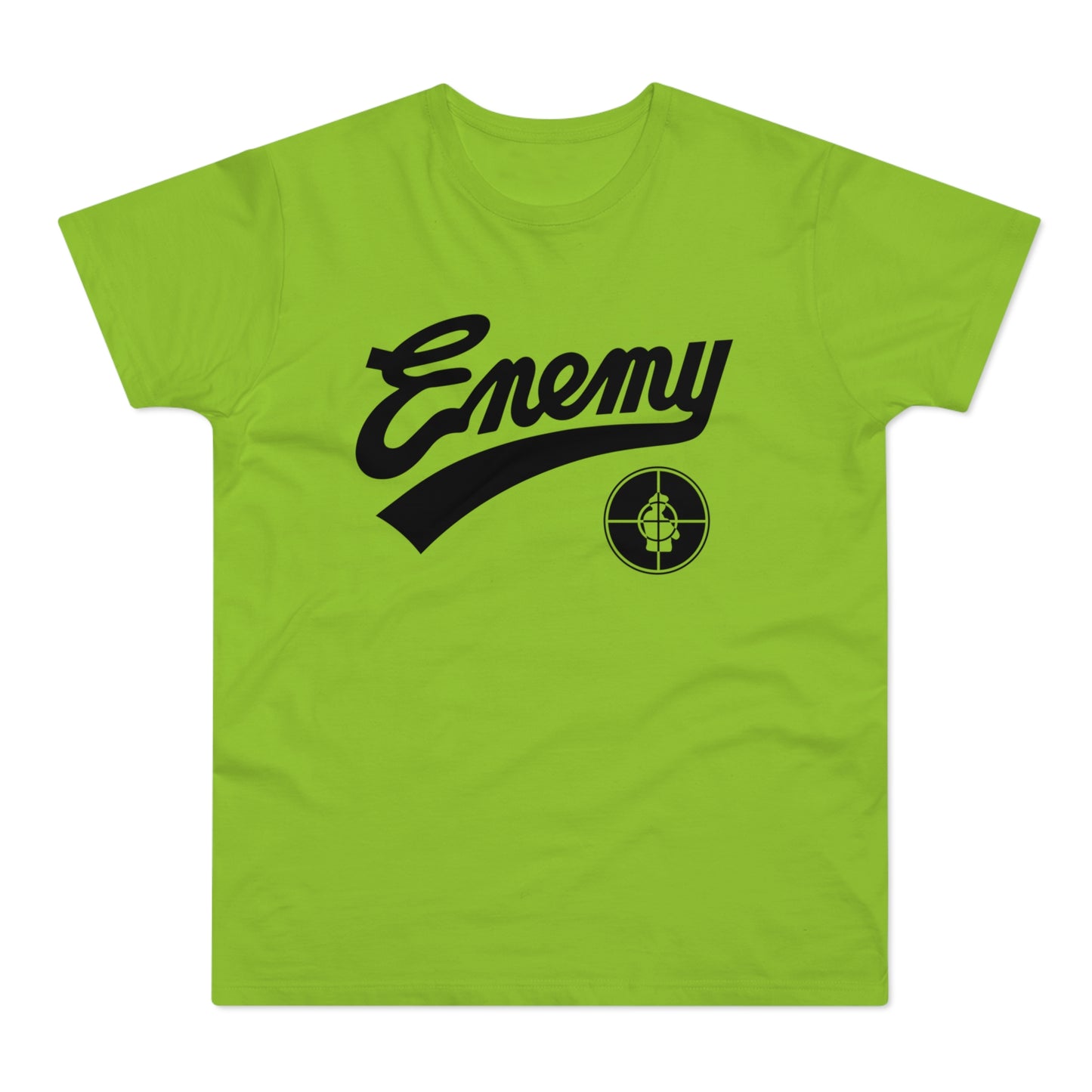 Lime green t-shirt with black "Enemy" text and a target logo.