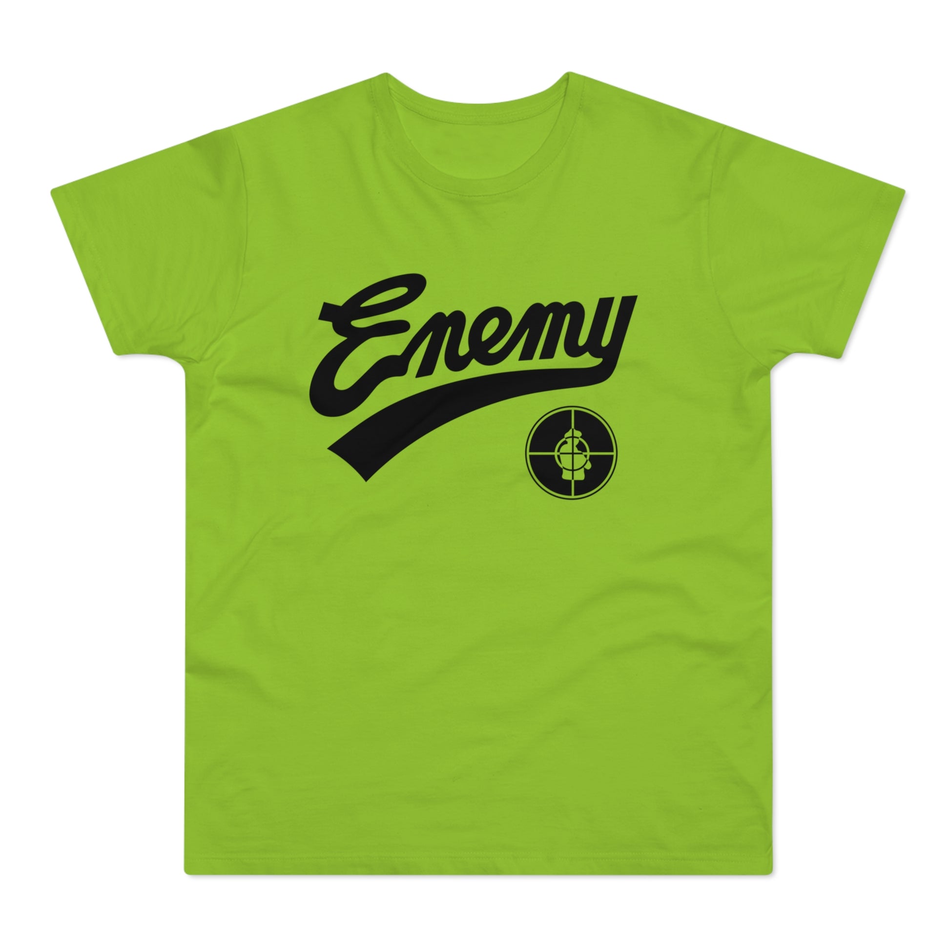 Lime green t-shirt with black "Enemy" text and a target logo.