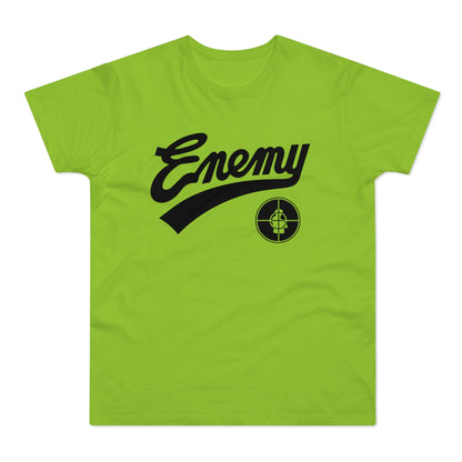 Lime green t-shirt with black "Enemy" text and a target logo.