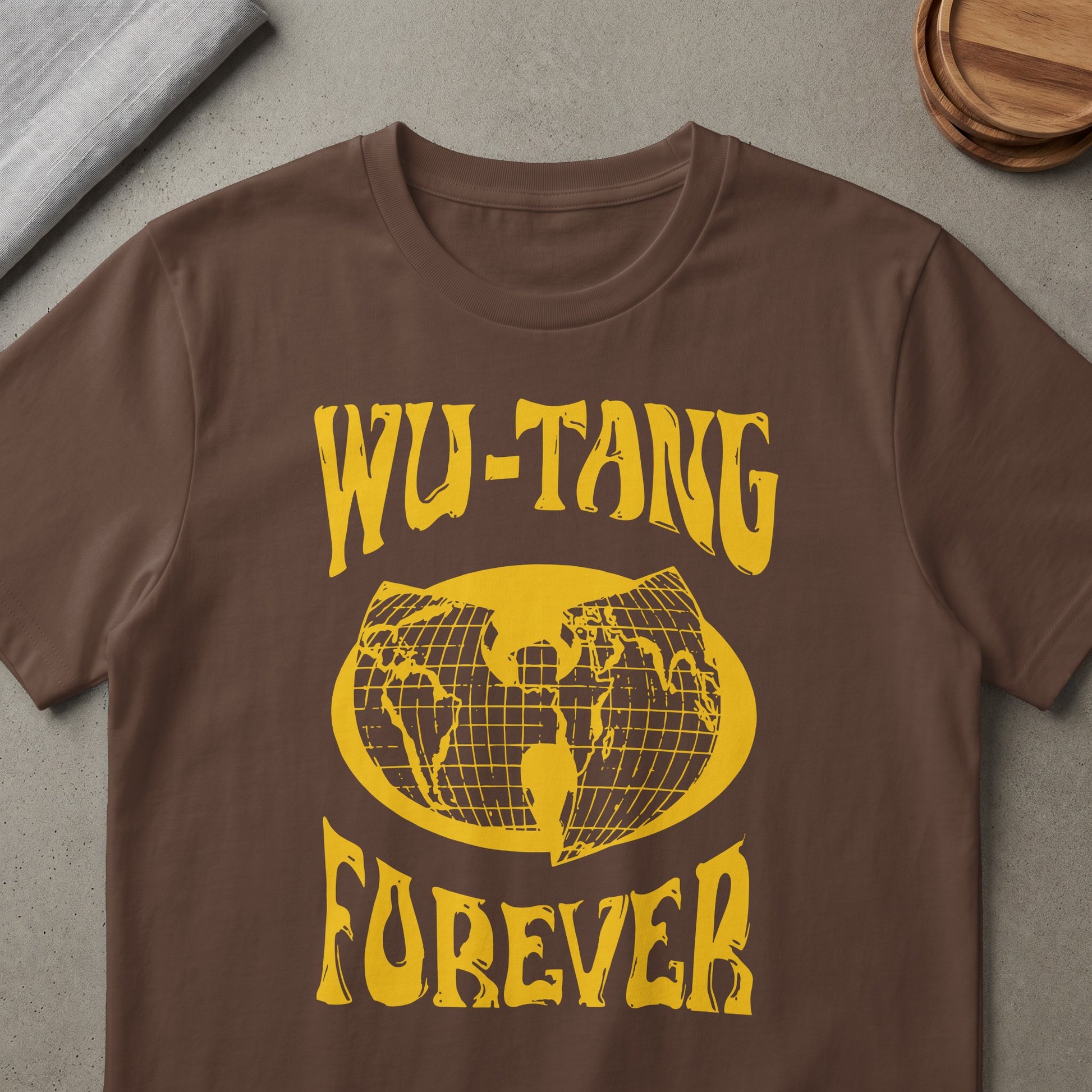 Brown t-shirt with yellow "Wu-Tang Forever" text and globe graphic.