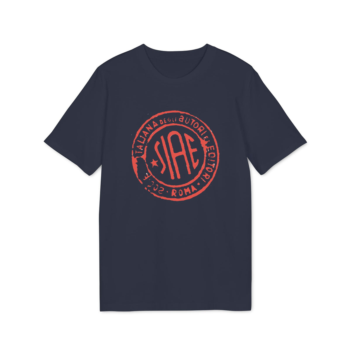 Navy t-shirt with red "SIAE" logo and Italian text "TAUIANI DEGLI AUTORI EDITORI"
