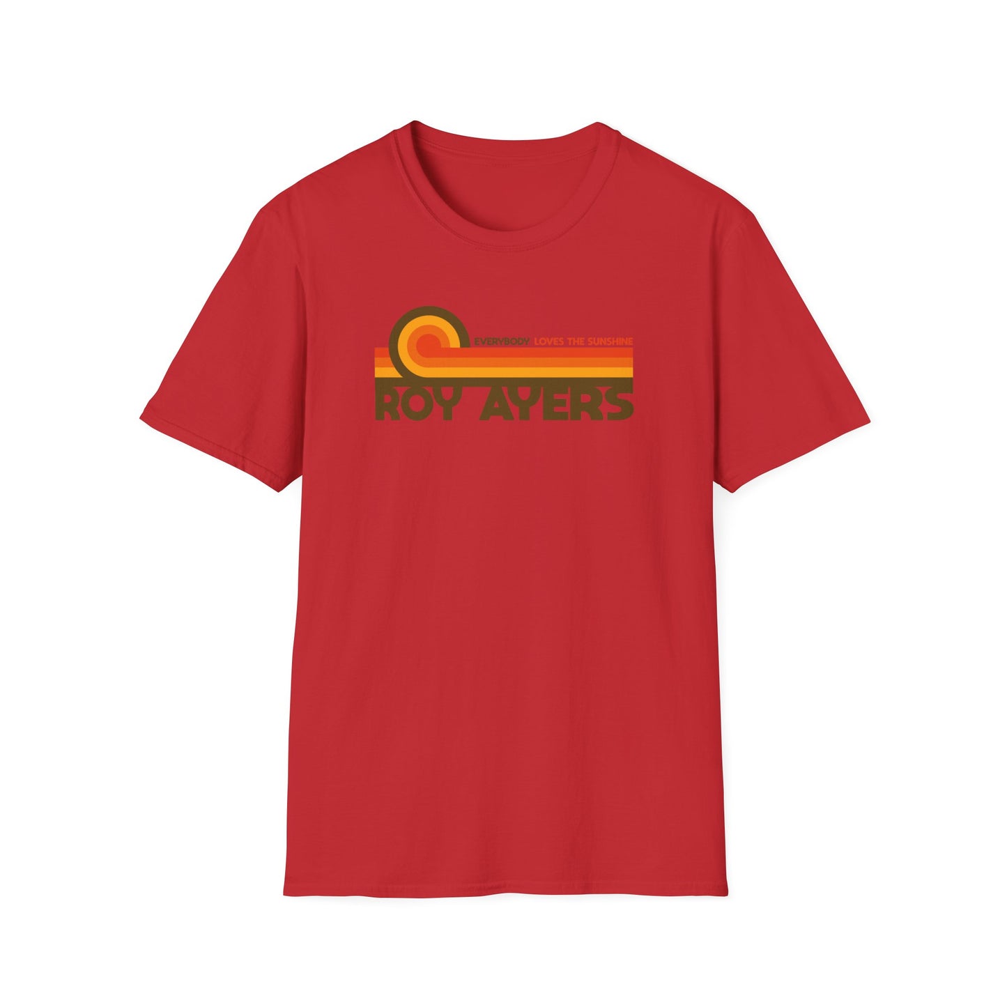 Red t-shirt with "Roy Ayers Everybody Loves the Sunshine" graphic.