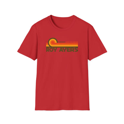 Red t-shirt with "Roy Ayers Everybody Loves the Sunshine" graphic.