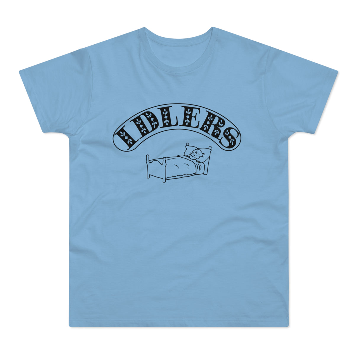 Light blue t-shirt with black text "IDLERS" above a drawing of a cat in bed.